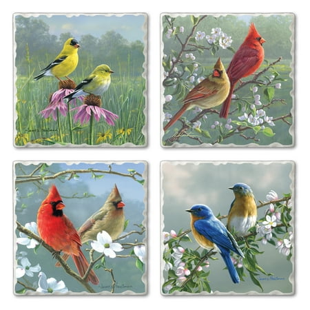 

CounterArt Beautiful Songbirds 4 Pack Absorbent Stone Tumbled Tile Coasters 4 Square