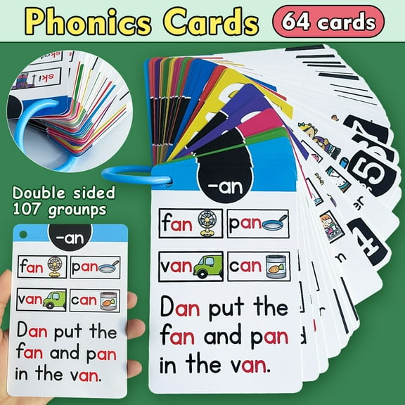 64PCS Phonics & Sight Words Flash Cards - Kindergarten Educational Learning Games, Learn to Read Activities for 4-8 Year Olds, Durable Flash Cards for Preschoolers’ Literacy Development