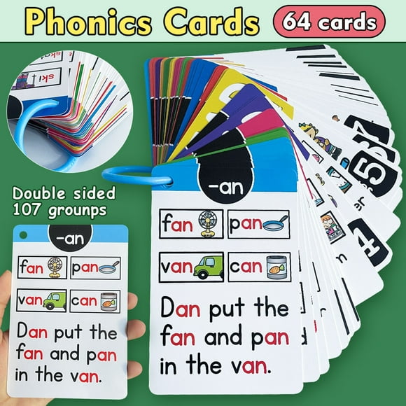 QIPOPIQ Phonics Flash Cards, 64 Pcs Sight Words Flash Cards Kindergarten, Phonics Games for Kids Age 4-8, Learn to Read in 15 Phonic Stages, Educational Learning Activities for PreK