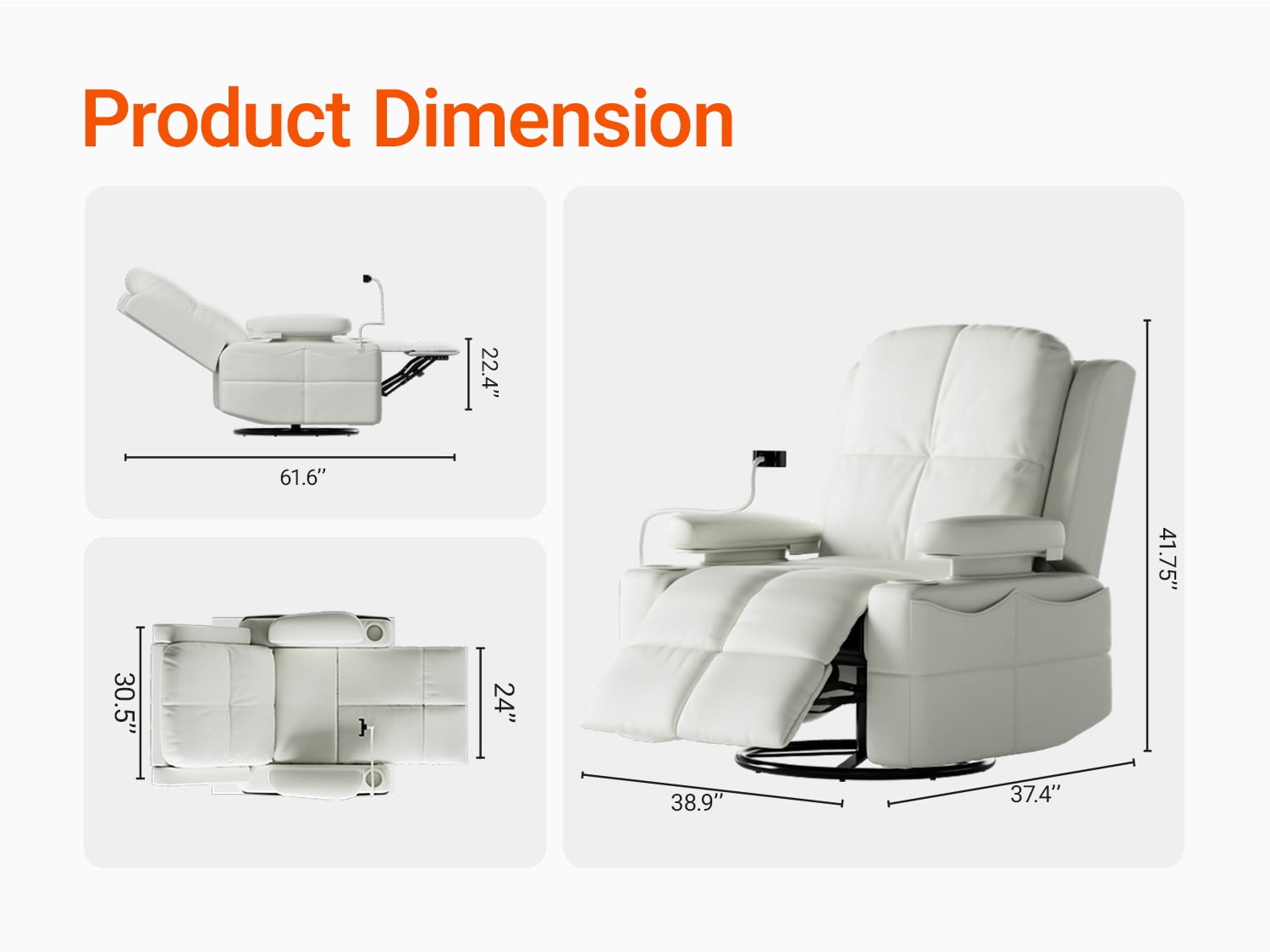 MAMAZING Nursery Rocking Chair Swivel Glider Oversized Recliner with Pockets Electric Power Baby Nursing Chair White