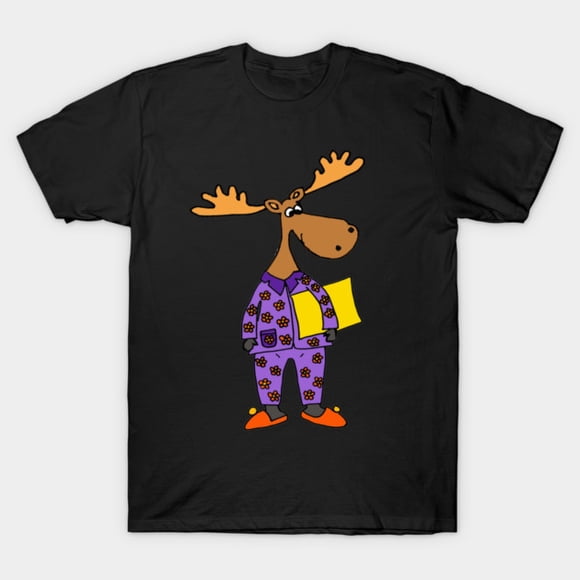 Funny Moose Wearing Pajamas Cartoon Playful Wilderness Animal Art Unisex T-Shirt, up to size 3XL.