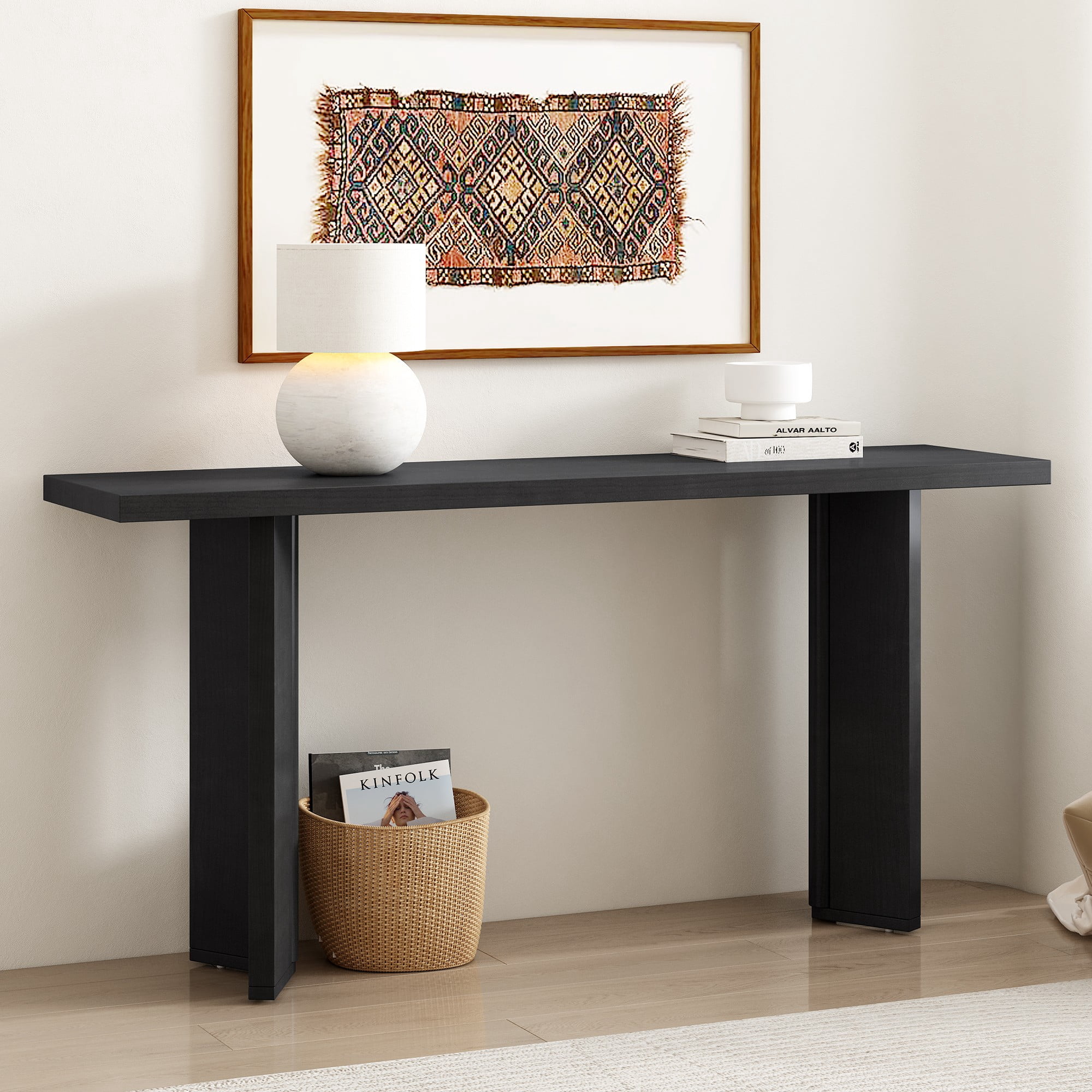 63" Console Table with Pine Veneer and Geometric Legs,Wooden Sofa Table Entryway Table for Living Room,Entryway,Dining Room,Black