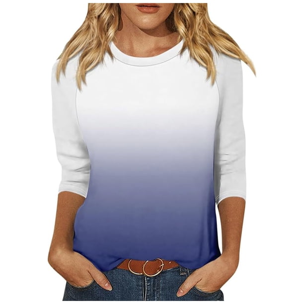 Camisas de Manga Corta para las Mujeres, 3/4 Manga Color Sólido Gradiente Impreso Cuello Redondo Casual Top Hecho de Tejido Súper Suave, Blusas de Manga Corta para las Mujeres