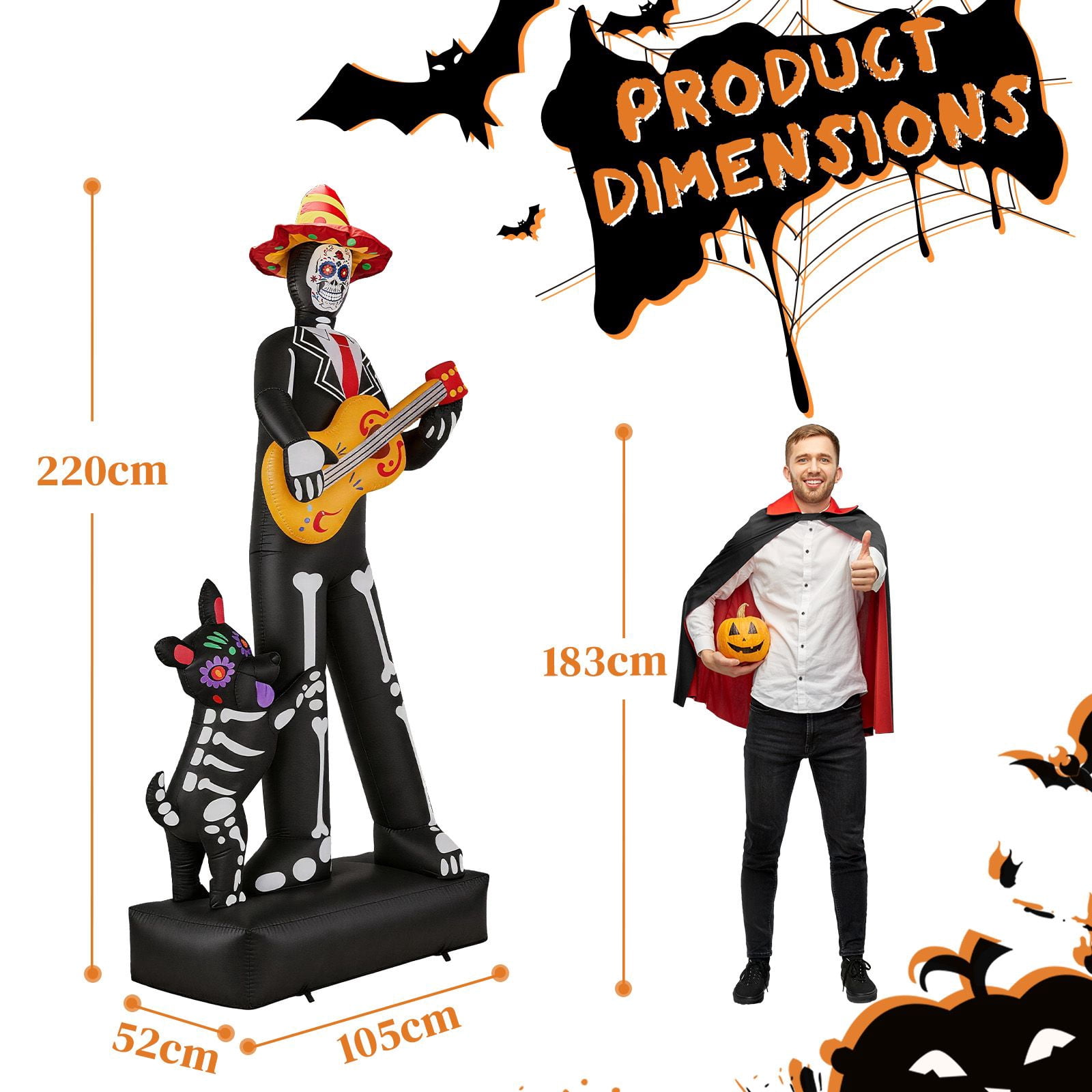 7.3FT Inflatable Ghost Musician with Puppet 6 LED Lights Black Orange Halloween Yard Decor