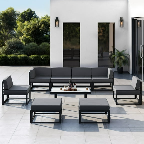 MRUAKA Aluminum Patio Furniture Set, 7 Pcs Metal Modern Outdoor Sofa Sets, Outdoor Sectional Patio Conversation Set with Coffee Table for Backyard, Poolside, White (Included Waterproof Covers)