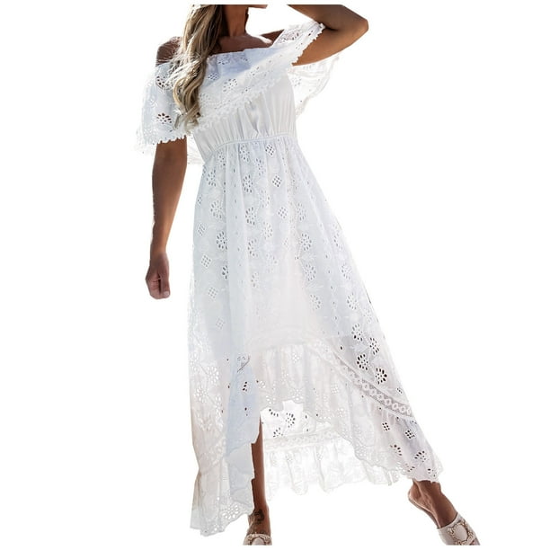 jovati White Long Sleeve Dress Women Womens Bohemian Lace Long Dress White  Beach Dress Short Sleeve Off-The-Shoulder Dress 