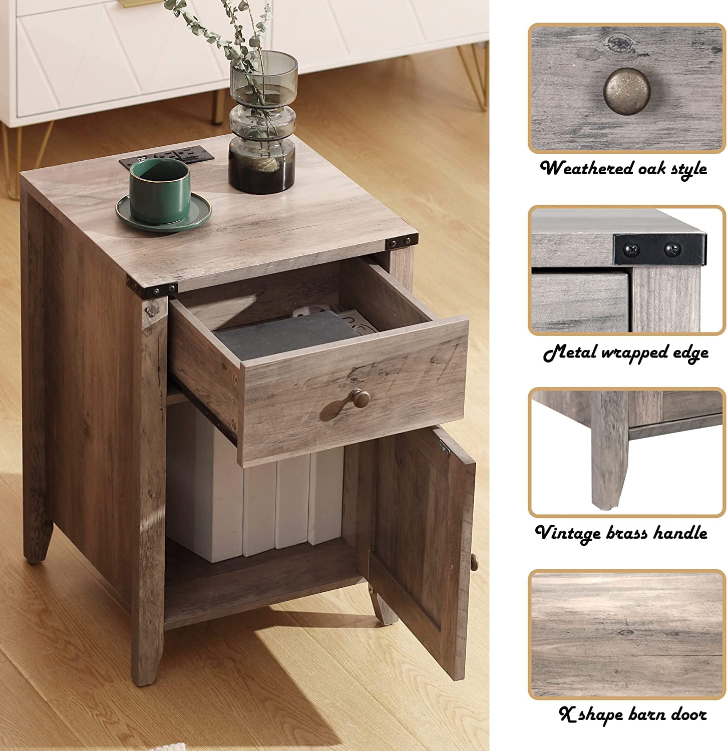 Tolead 2 Piece Barnwood Rustic Nightstand with Barn Door and Drawers, Living Room, Bedroom, Gray