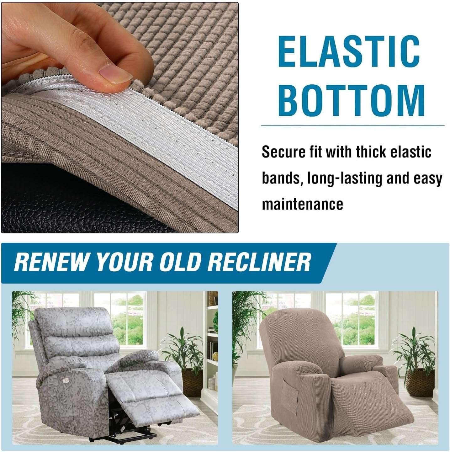 H.VERSAILTEX Stretch Electric Power Lift Recliner Chair Cover with Side Pocket, Soft Thick Jacquard(Single Seat, Sand)