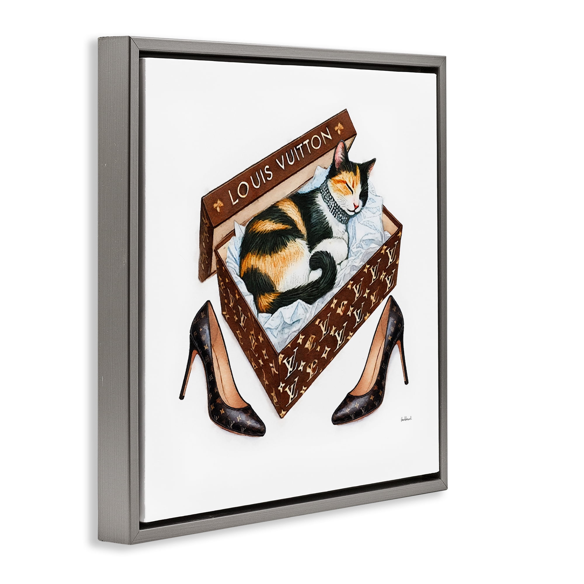 Stupell Industries Kitty Sleeping in Shoebox Animals Painting Gray Floater Framed Canvas Art Print Wall Art, 18 x 18