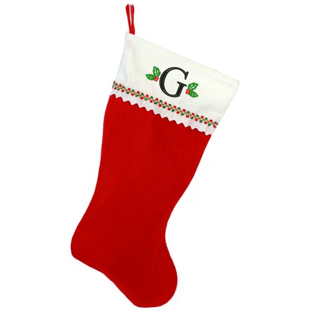 embroidered initial christmas stocking red and white felt black embroidery