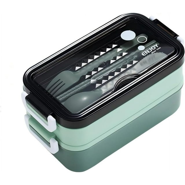 CABEN-Bento Box, Lunch Box for Adult, Compact Bento Box Set- 2-Layer Stackable Lunch Box with Utensils, Leak-Proof and Durable Food Container for Work, Picnic, and Travel (Light Green)