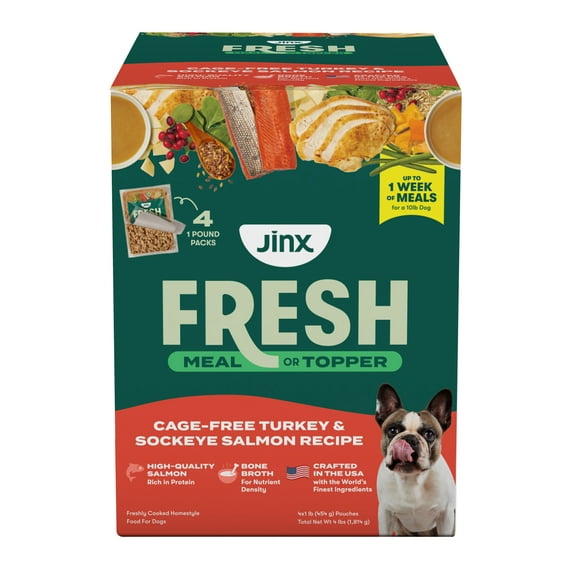 Jinx Fresh Cage-Free Turkey & Sockeye Salmon Dog Food Meal or Topper, 4 x 1 lb Pouches