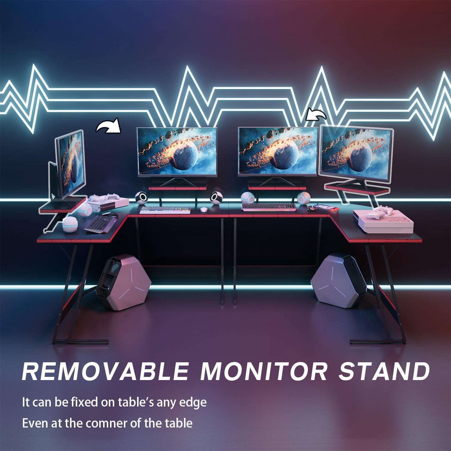 Miemie L Shaped Gaming Desk Computer Corner PC Desk Table with Large Monitor Riser Stand for Home Office Sturdy Writing Workstation (Black, 47 Inch)