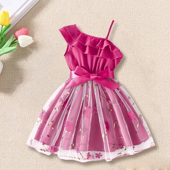 XIMIN Girl's Floral Appliques Mesh Ruffle One Shoulder Summer Cute Floral Trim Tulle Dress Kids Baby Princess Birthday Party Dresses A-Line Mesh Party Dresses