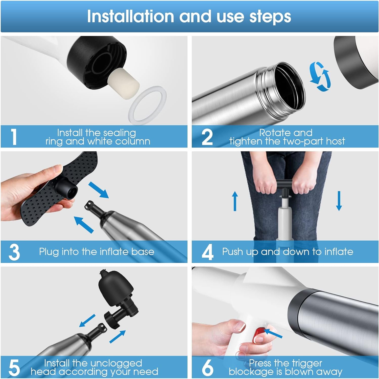 Hinzonek High Pressure Air Toilet Plunger Drain Blaster Kit, Unclogged, Stainless Steel Toilet Clog Remover - Unclog Toilets Kitchen Sinks Shower Drains Bathroom, Bathtub and Clogged Pipes with Ease
