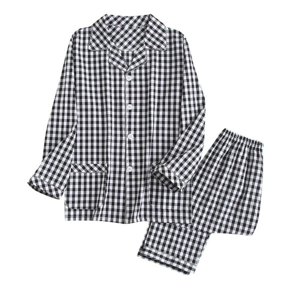 Men's Pajamas Set Lapel Button Down Long Sleeve Shirts With Pockets Long Pants Casual Comfortable Plaid Home Wear (XL, Black)