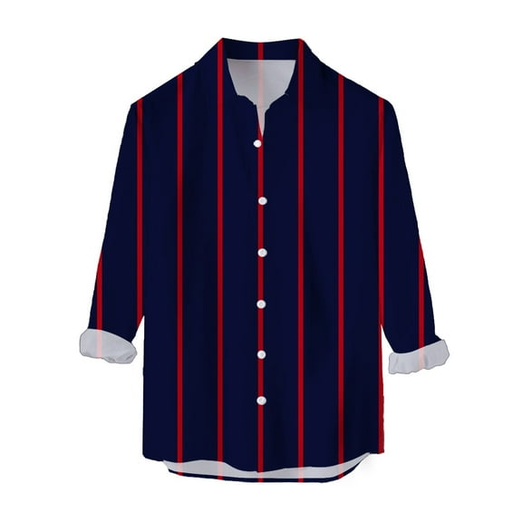 Mens Long Sleeve Button Down Shirts Stripe Slim Fit Top Blouse Fashion Work Shirts For Men Navy XL