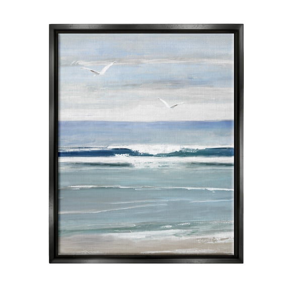 Stupell Industries Rolling Waves & Seagulls Nature Painting Black Floater Framed Canvas Art Print Wall Art, 17 x 21