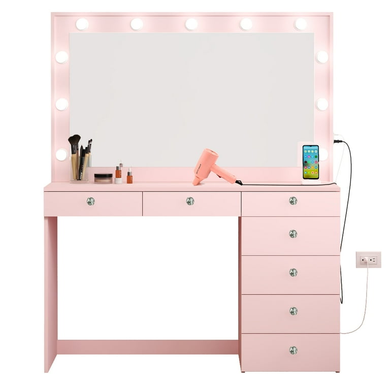 Ember Interiors Peggy Modern Large Pink Vanity Desk with Lighted Mirror, 7  Drawers, Power Outlet with USB Type-C and Crystal Knobs for Women & Teens -  Walmart.com