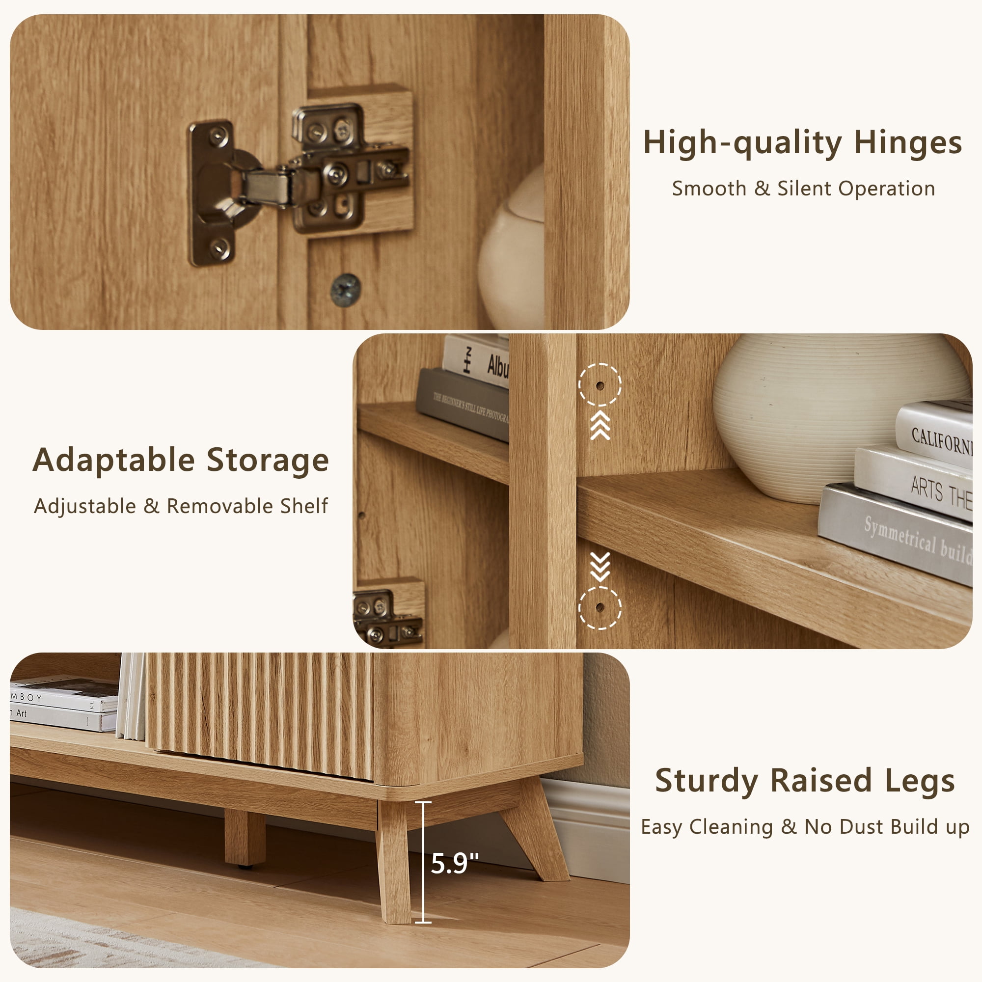 KeyWhat 70" Mid-Century Modern TV Stand for 75" TV, Fluted Doors, Drawers & Adjustable Shelves