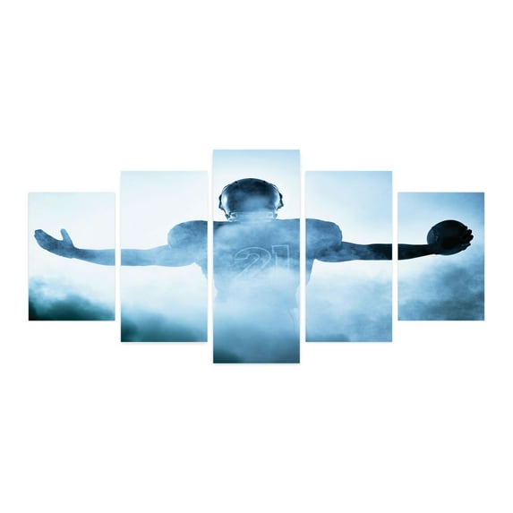 Sport 5 Panels Acrylic Glass Wall Art, Heroic Shaped Rugby Player Silhouette Shadow Standing in Fog Playground Global Sports Photo, Accent for Living Room, Bedroom, Dorm, 60" x 30", Blue, by Ambesonne