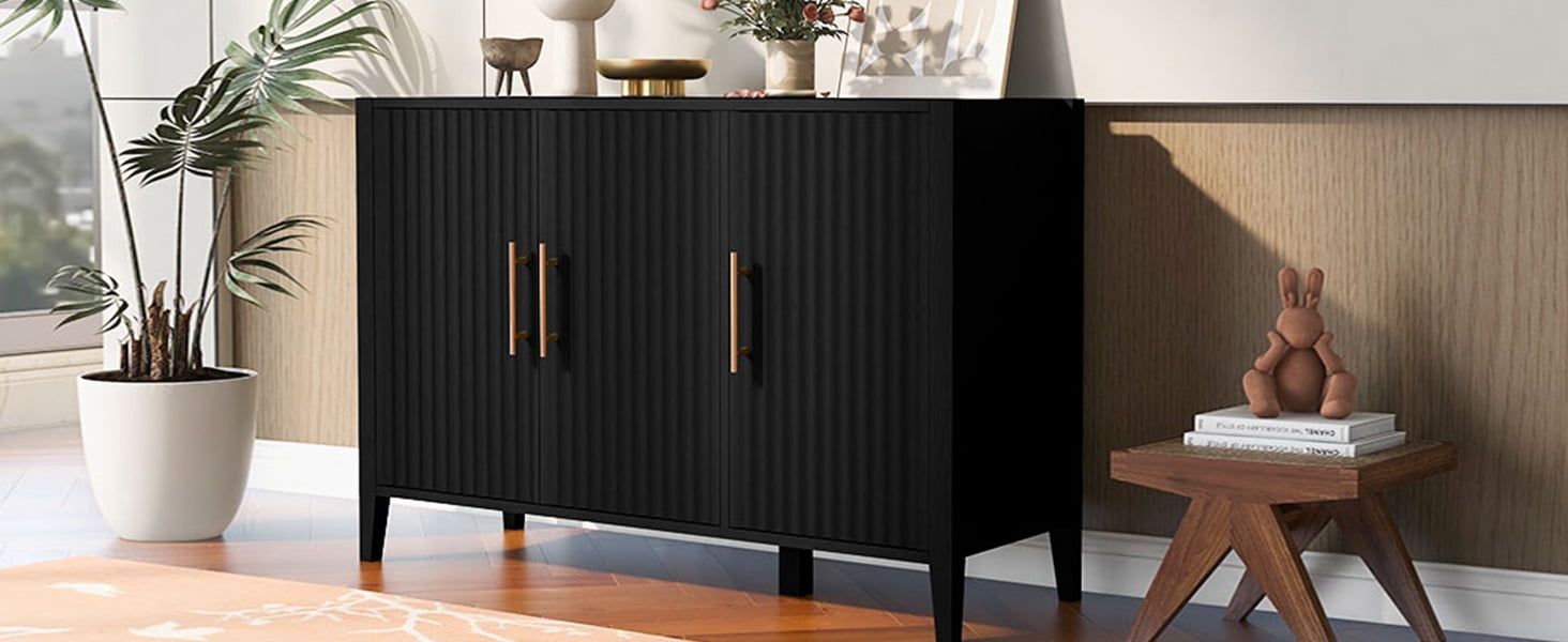 Mintazer 46.8" Fluted Sideboard Buffet Cabinet with 3 Door, Modern Wave Slatted Storage Credenza with Gold Metal Handles for Dining Room Living Room Entryway, Black