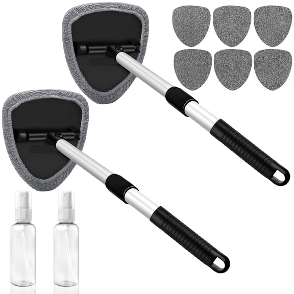 2-Pack Windshield Cleaning Tool with 180° Rotating Head, Glass Cleaner with Extendable Handle, Includes 8 Reusable Microfiber Covers and 2 Spray Bottles – Car Windshield Cleaning Brush for Effortless