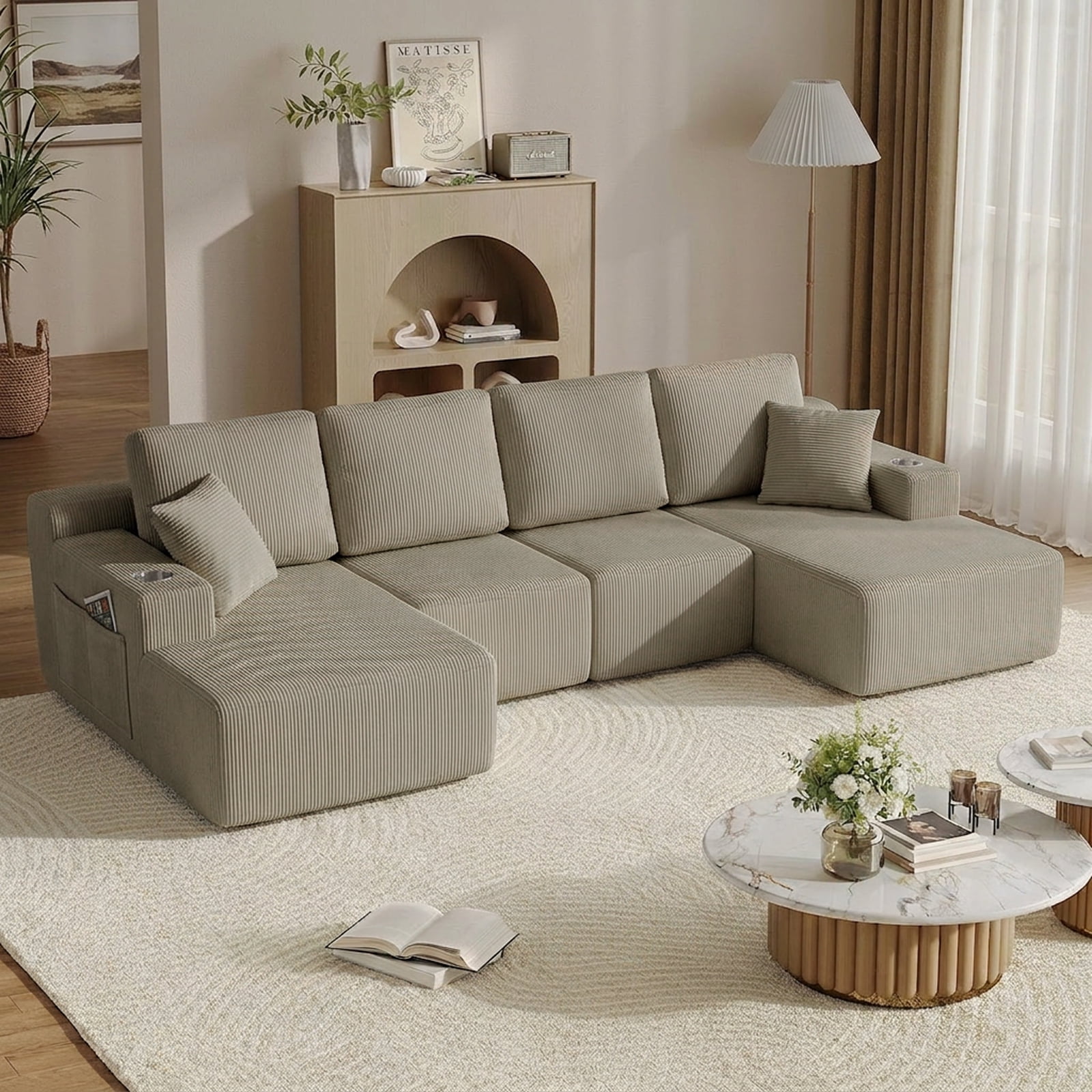 Leumius 130" U Shaped Sectional Couches with Chaise,Modern Deep Seat Boneless Corduroy Cloud Modular Sofa for Living Room,taupe