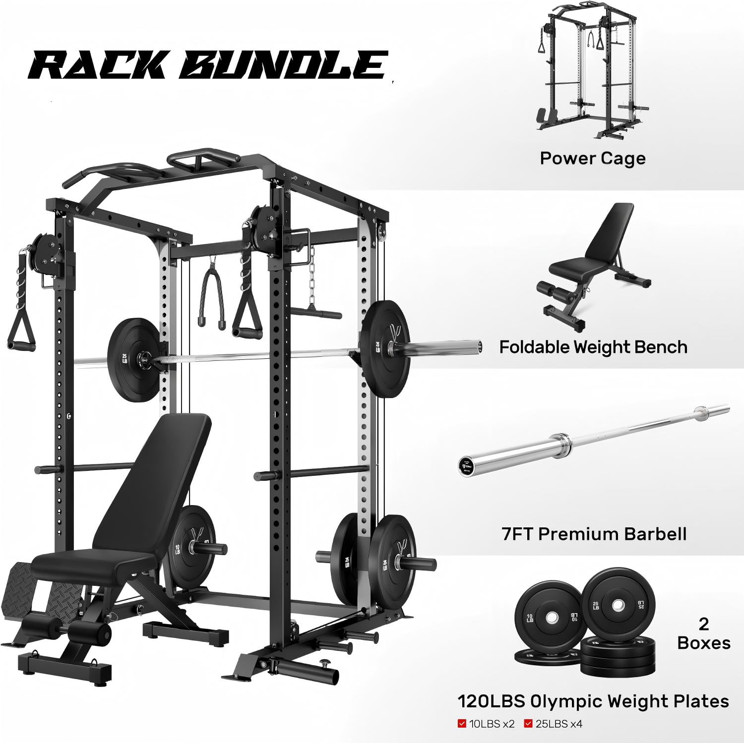 Power Cage, 2000LBS Squat Rack with with Cable Crossover and Dual Independent Pulley System, Full Cage for Full Body Training, Power Rack with More Training Attachments for Home Gym