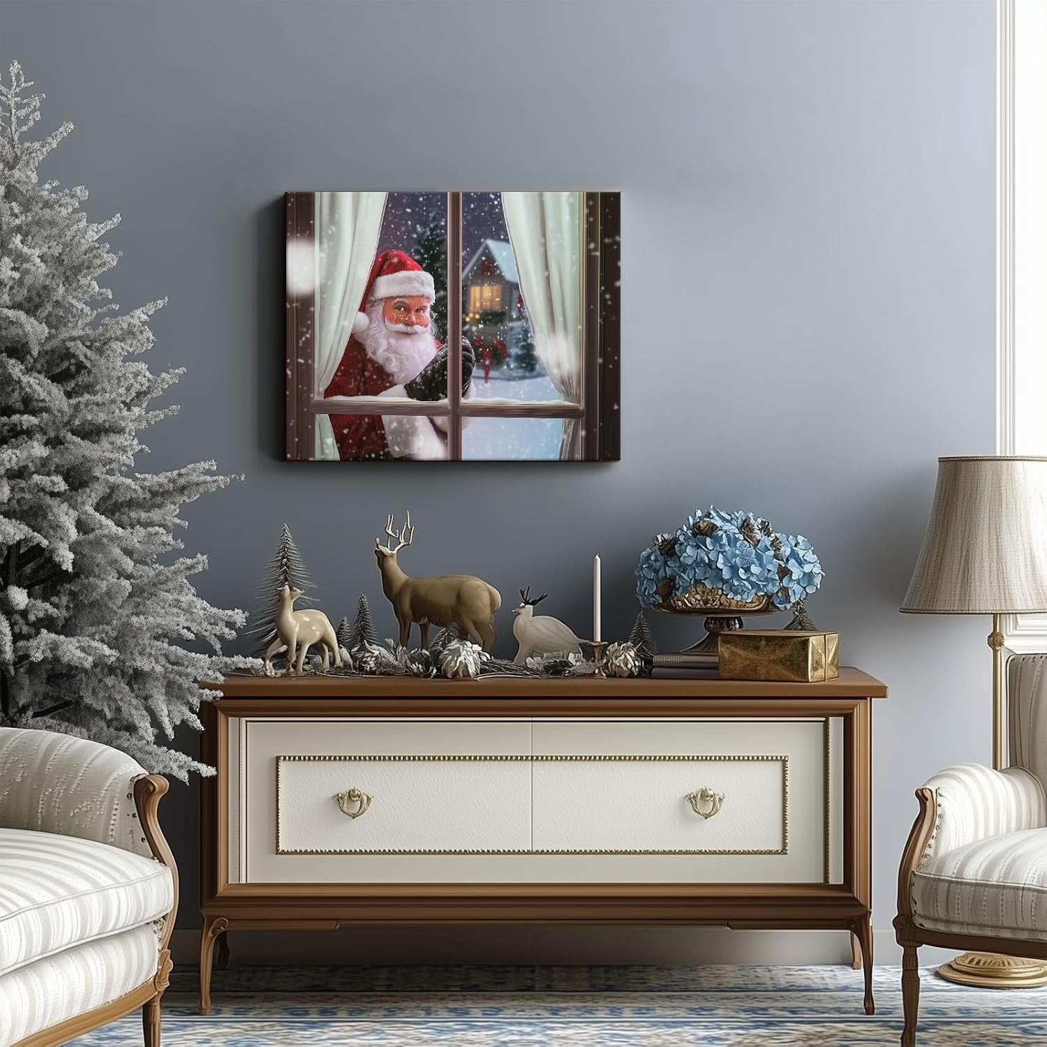 Christmas Santa Claus Peeking Through Window Canvas wall art decor, Cozy Winter Holiday Wall Art for Living Room, Bedroom or Office, Unique Christmas Gift for Family and Friends 16X20inch