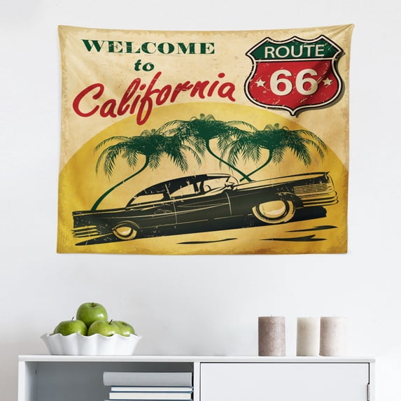 Retro Tapestry, Vintage Garage Advertising Worn Print with Engines and Mechanical, Fabric Wall Hanging Decor for Bedroom Living Room Dorm, 2 Sizes, Orange Cream Red, by Ambesonne