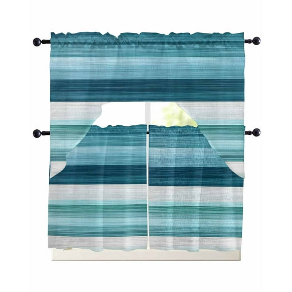 Teal Blue Green Kitchen Curtains Swag Valance and Tier Curtains Set 24 Inch Length, Modern Ombre Minimalism Abstract Stripes Rod Pocket Drape Panels Pair Swag Curtain for Bathroom/Cafe/Window