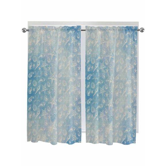 Blue Coastal Bathroom Window Curtain, Summer Ocean Starfish Conch Seashells Light Filtering Coffee Kitchen Curtains, Bedroom Living Room Curtains 2 Panel 84"x63"