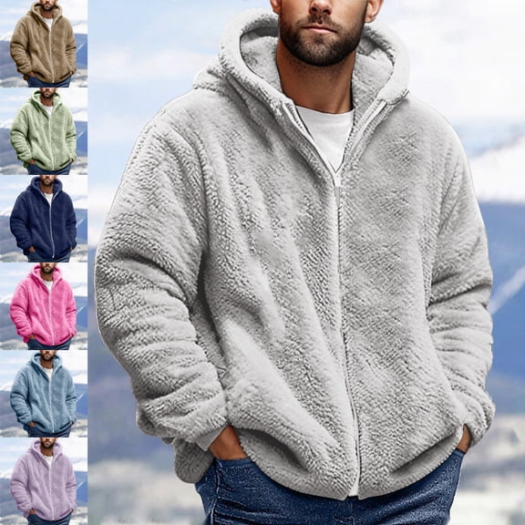 Zivyakyro Mens Fleece Jacket Zip up Fall Winter Long Sleeve Teddy Outerwear Jackets Solid Loose Hooded Pink S