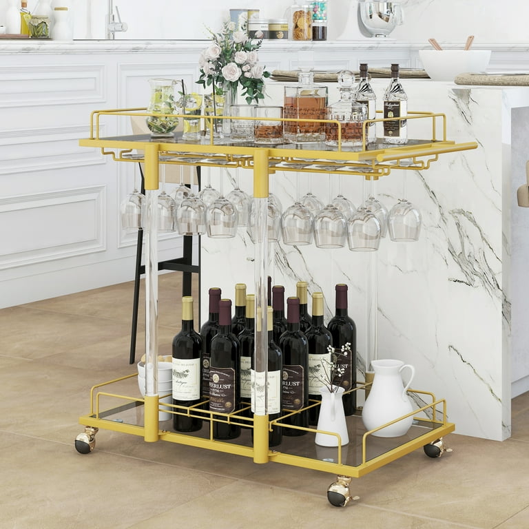 HOMYSHOPY Home Liquor Metal Acrylic Bar Cart with Wine Rack Glass Holder 2 Tier Rolling Cart Gold Walmart
