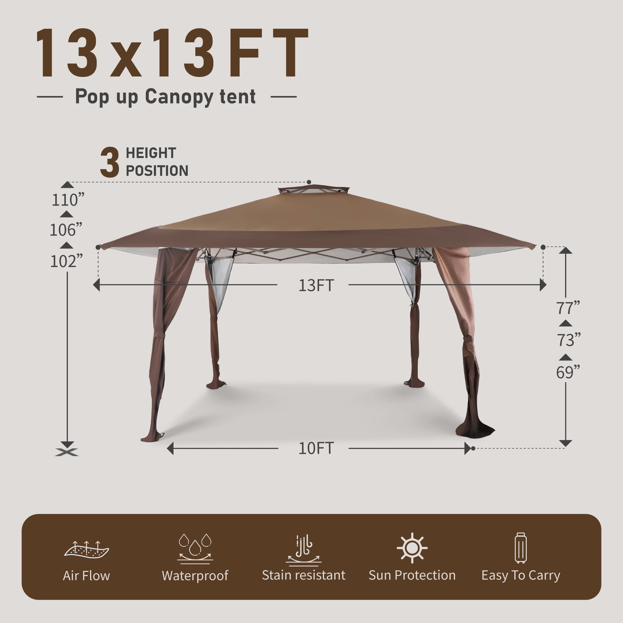 Summit Living 13 x 13 ft Pop Up Canopy Tents Event Shelter for Outside Party Brown
