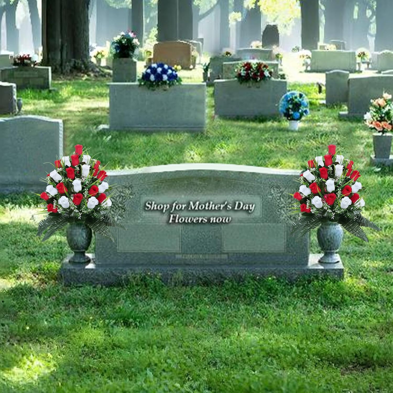 Artificial Flowers for Cemetery, 48 Heads Artificial Rose Bouquet Graveyard Memorial Silk Flowers for Cemetery Flower Arrangement with Vase for Headstone Decor Outdoor (Red & White)