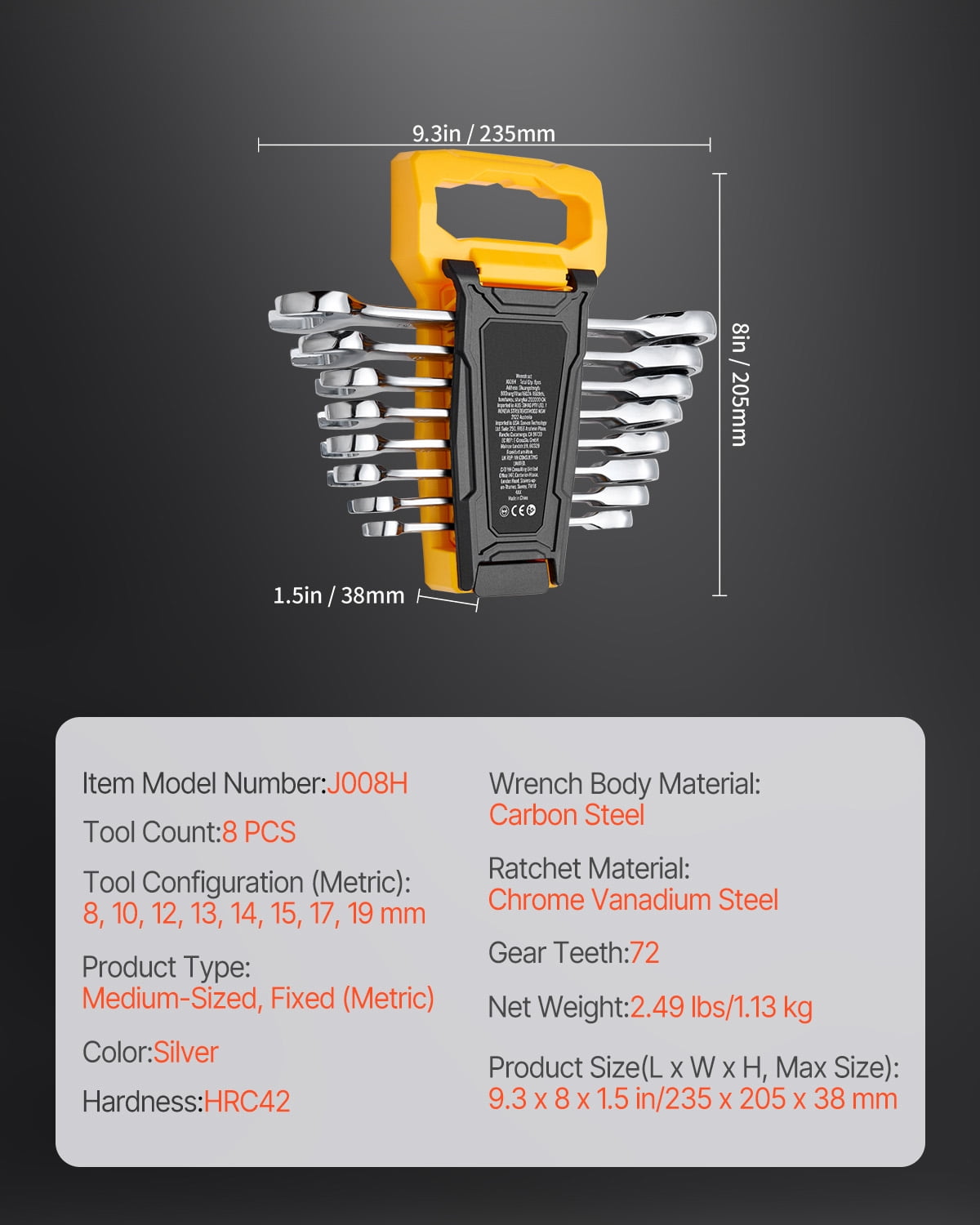 KFFKFF Combination Wrench Set, 8-Unit Gear Spanner Assortment with Storage Stand, Chromium-Vanadium Steel Spanner Metric Range 8 mm to 19 mm, Perfect for Everyday Home Use, Garage, Workshop