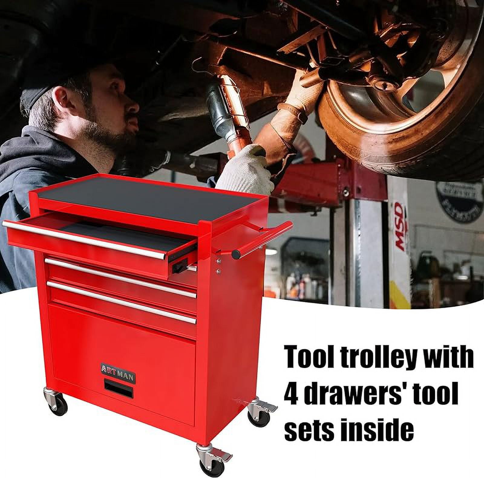 233-piece mechanics tool set, household tool kit with 4-drawer heavy duty metal tool cabinet, portable tool box for home/auto repair-gift for men (red)
