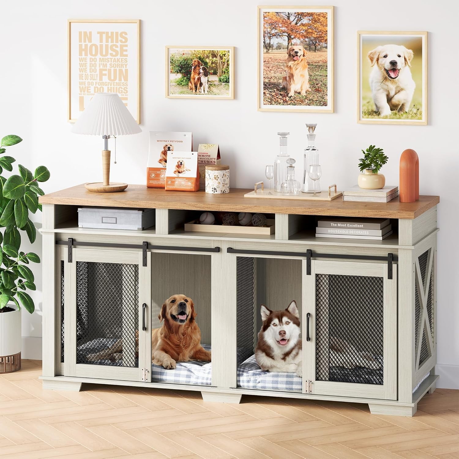 Rugerasy 71Inch Dog Crate Furniture for 2 Large Medium Dogs,Dog Kennel with 3 Storage Compartments and Removable Divider,Indoor Dog Cage TV Stand,Double Dog Crates with Sliding Barn Door