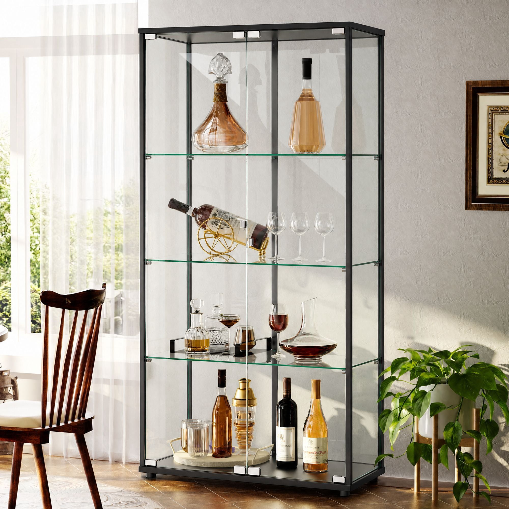 Clarvion 66" Display Cabinet with Glass Door, 4-Tier Tempered Glass Curio Cabinet, Double Door Display Case for Collectibles, Black