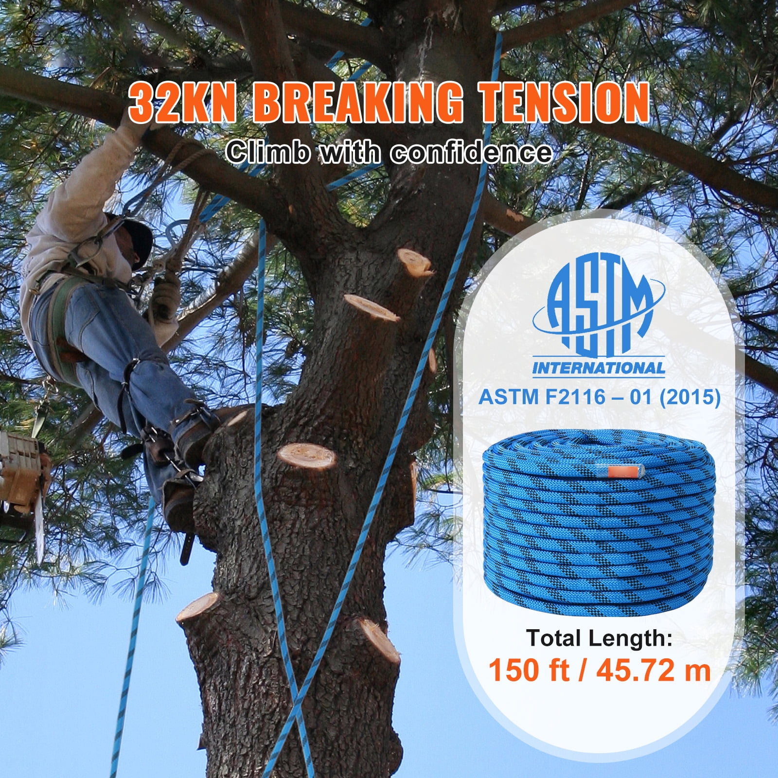 KFFKFF 12.7mm Durable Rope for Climbing, 45.7M(150ft) Length, 30KN Tensile Strength, Outdoor Fiber Cord with Metal Snap Hooks for Rappelling, Fire Emergency, and Escape, in Blue