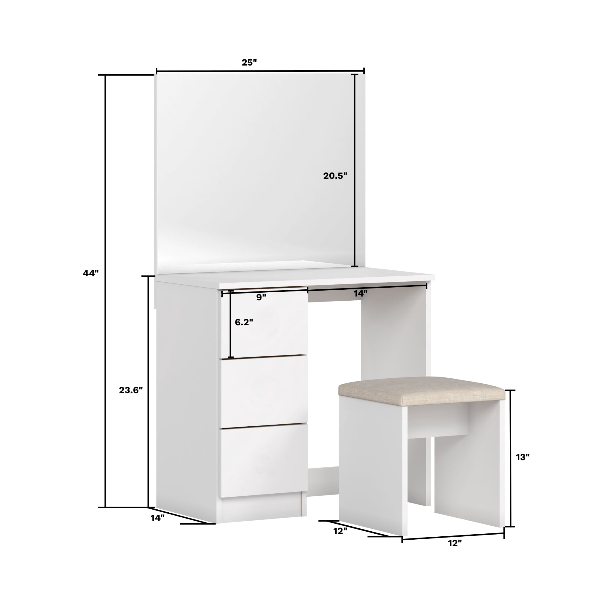 Ember Interiors Small Kids Vanity Makeup Desk Set with Chair, Drawers,Mirror,Gold Crystal Ball Knobs, White