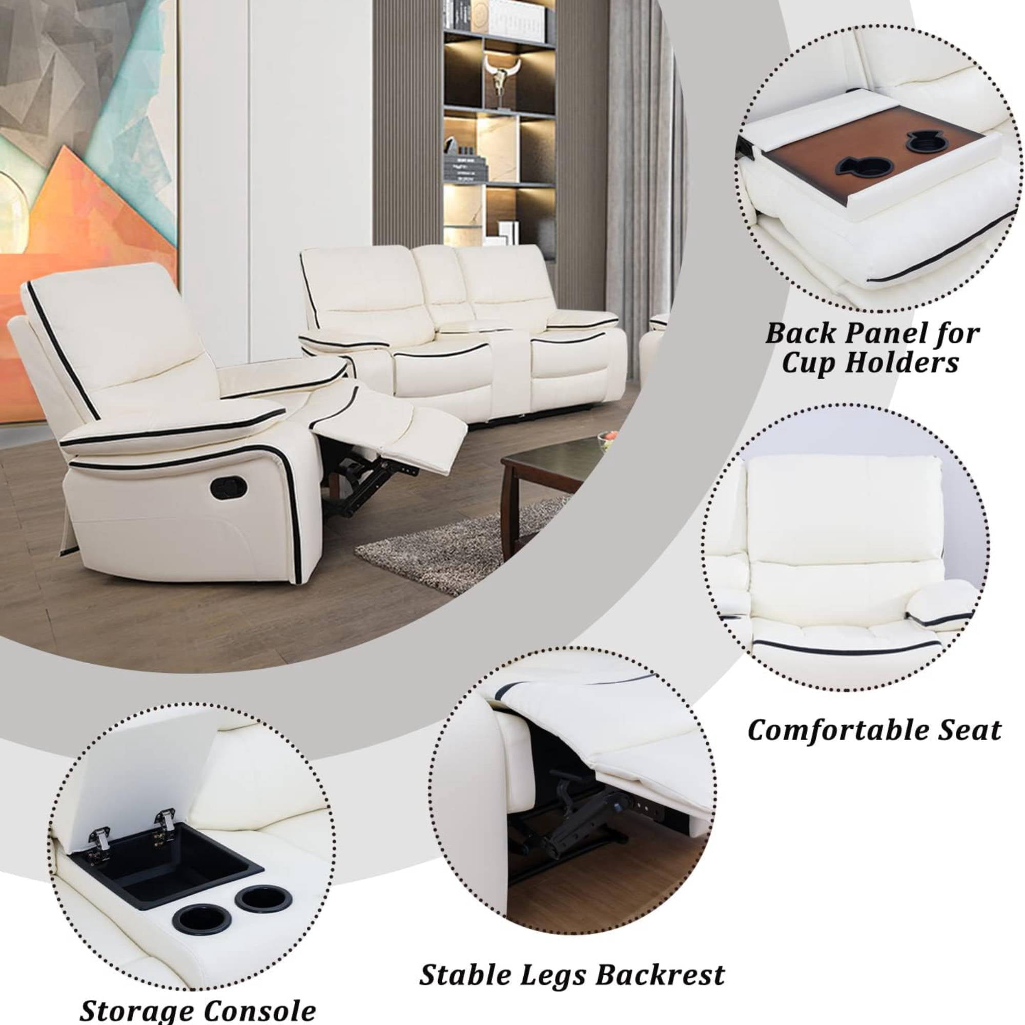 Manual Leather Recliner Chair Reclining Sofa Chair with Storage Console & Cup Holder for Living Room, White