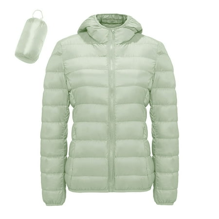 MIASHUI Women s Casual Solid Color Lightweight Waterproof Down Jacket White Feather Hooded Parka Coat Light Green S
