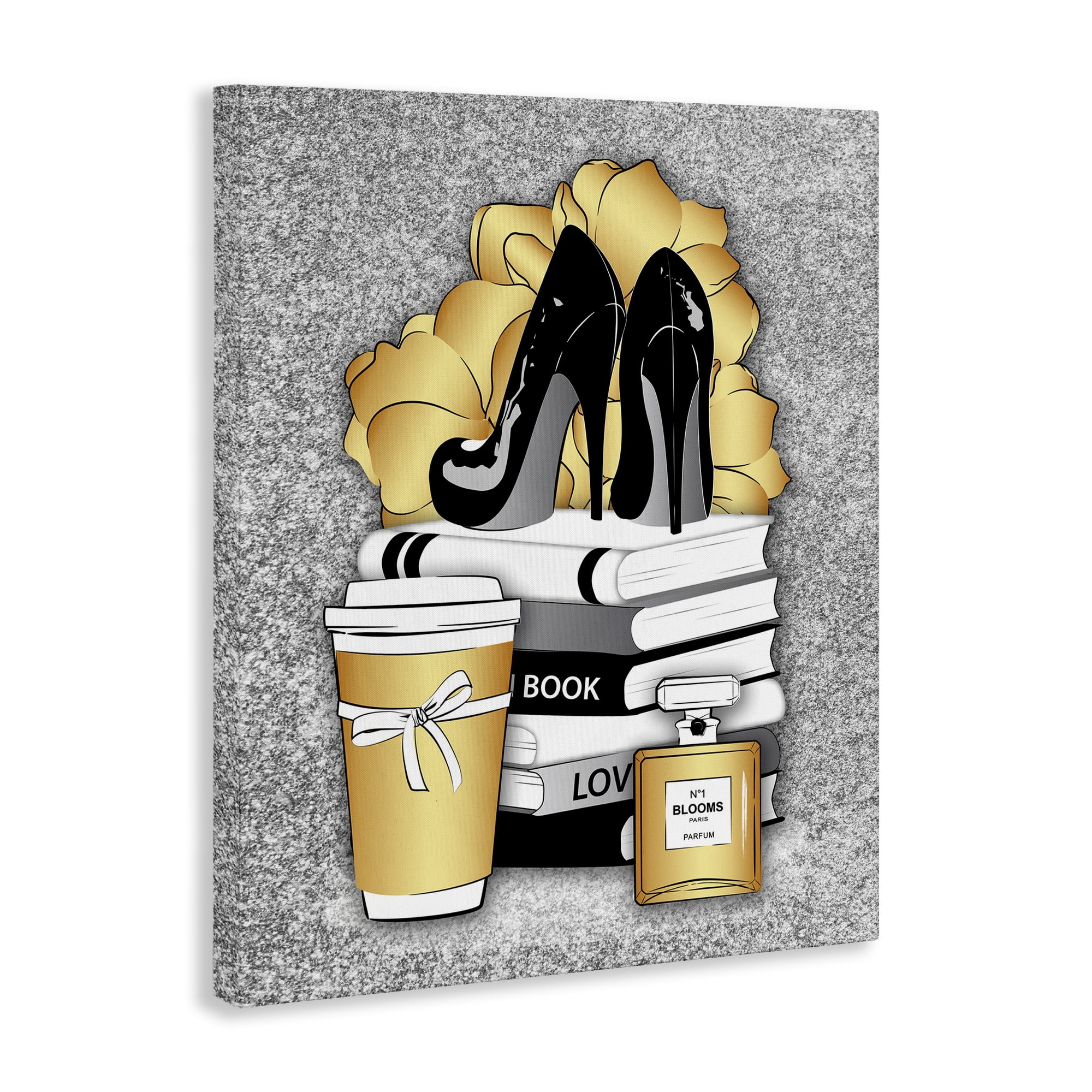 Stupell Industries Gold & Black Glam Books Beauty & Fashion Painting Gallery Wrapped Canvas Art Print Wall Art, 30 x 40