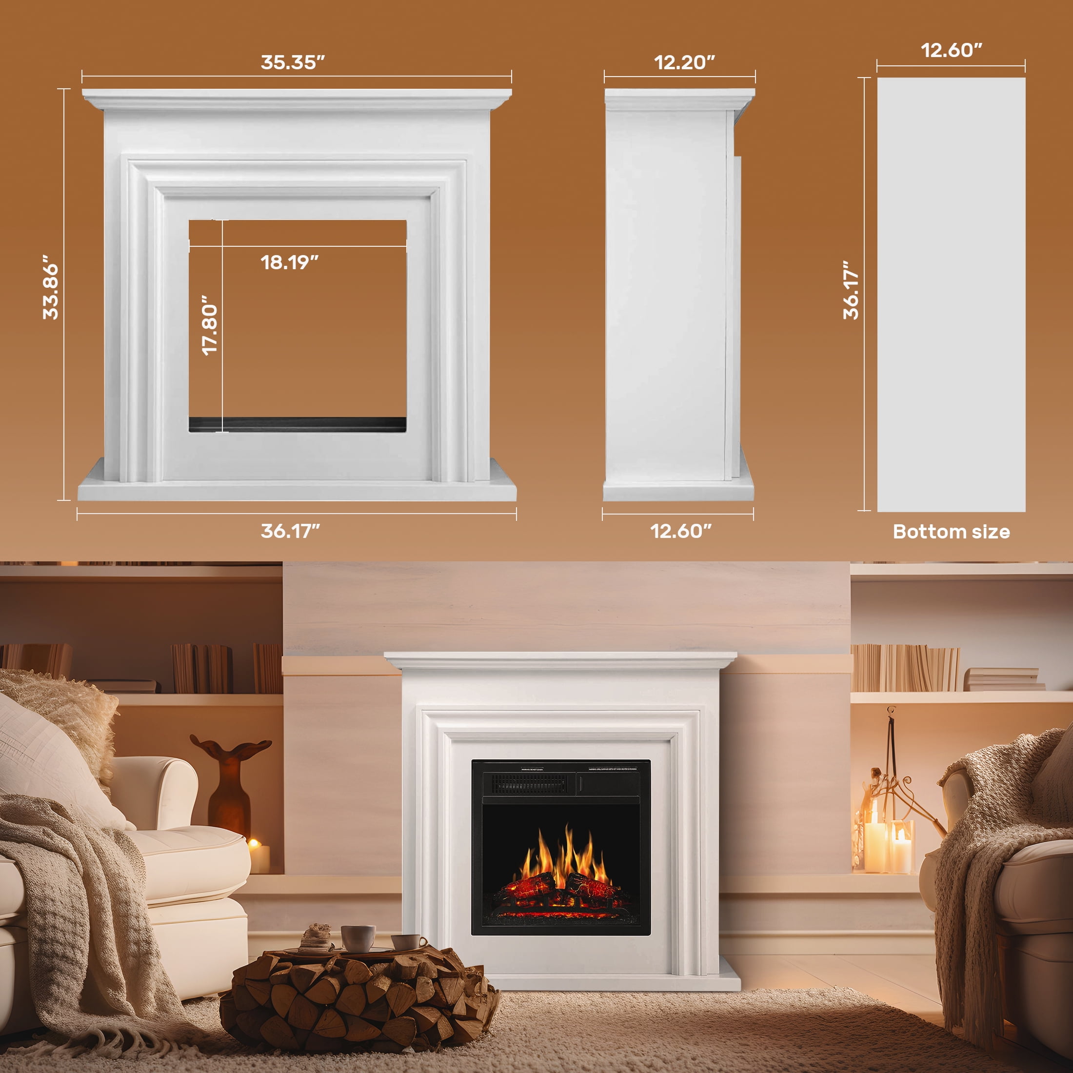 KISSAIR Electric Fireplace Mantel Wooden Surround Firebox, Free Standing Fireplace, with Remote Control, Adjustable LED Flame, 750W/1500W -Pearl White