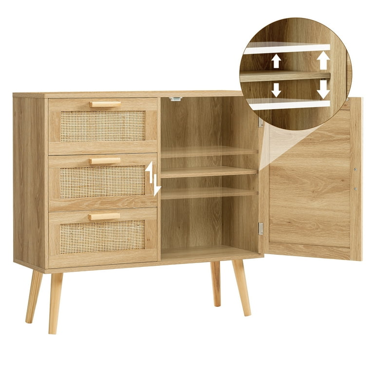 FANGSUM Natural Rattan Wood Storage Cabinet with Door & 3
