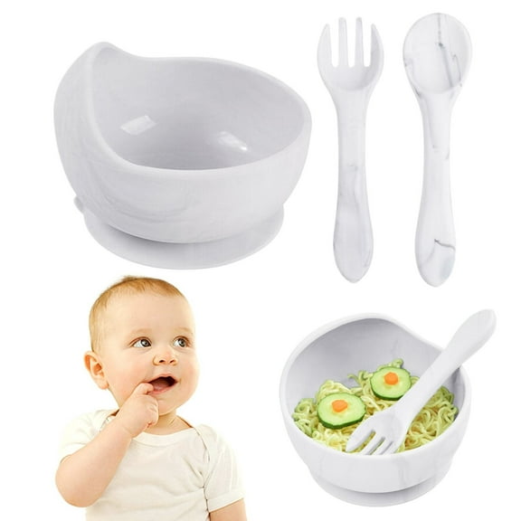 Almond Silicone Suction Cup And Spoon Set Baby Bowl Non Breakable Baby Feeding Utensils Stage 1 Self Feeding Weaning Food First Set/ White Baby Tableware
