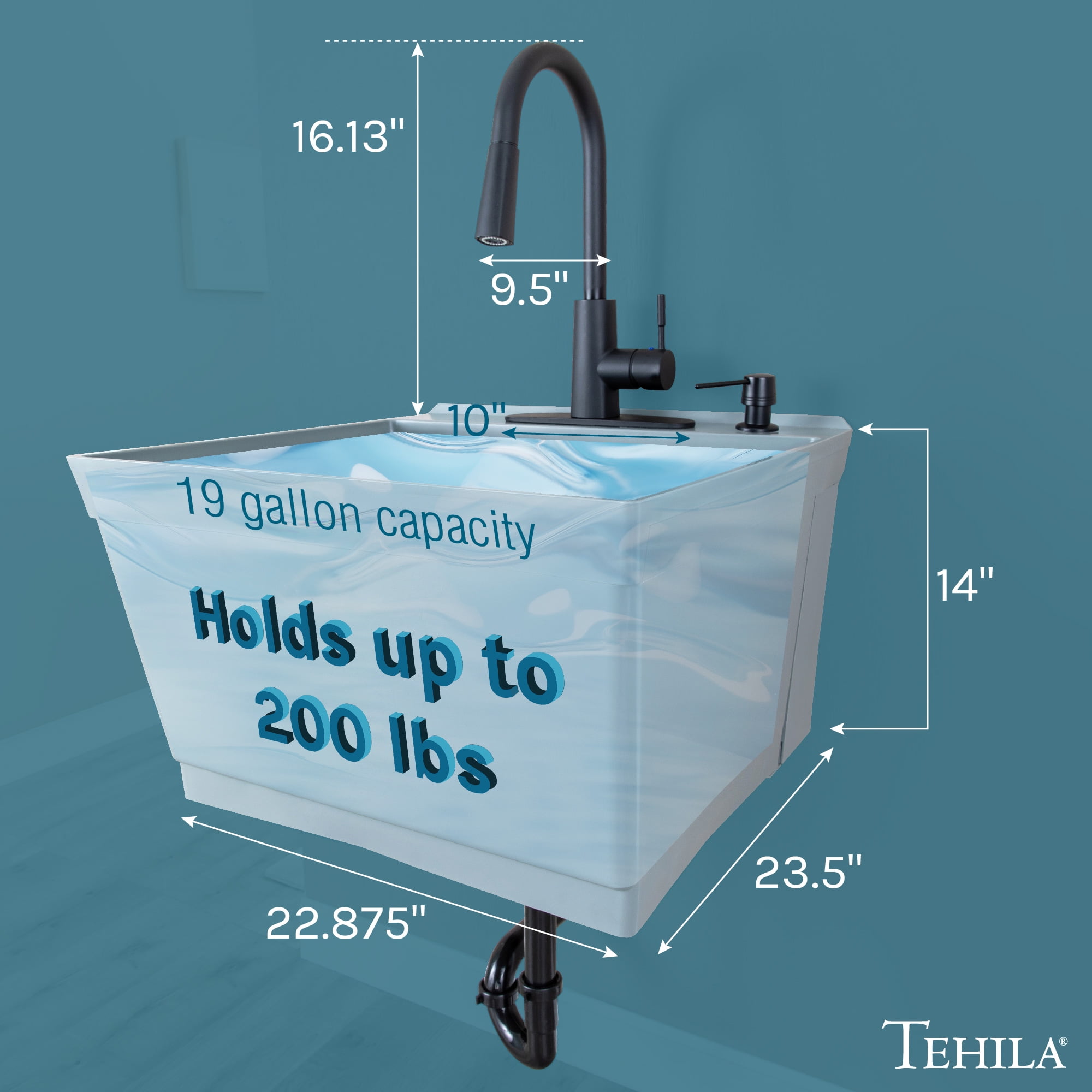 Tehila Gray Wall-Mounted Utility Sink with Matte Black Pull-Down Faucet